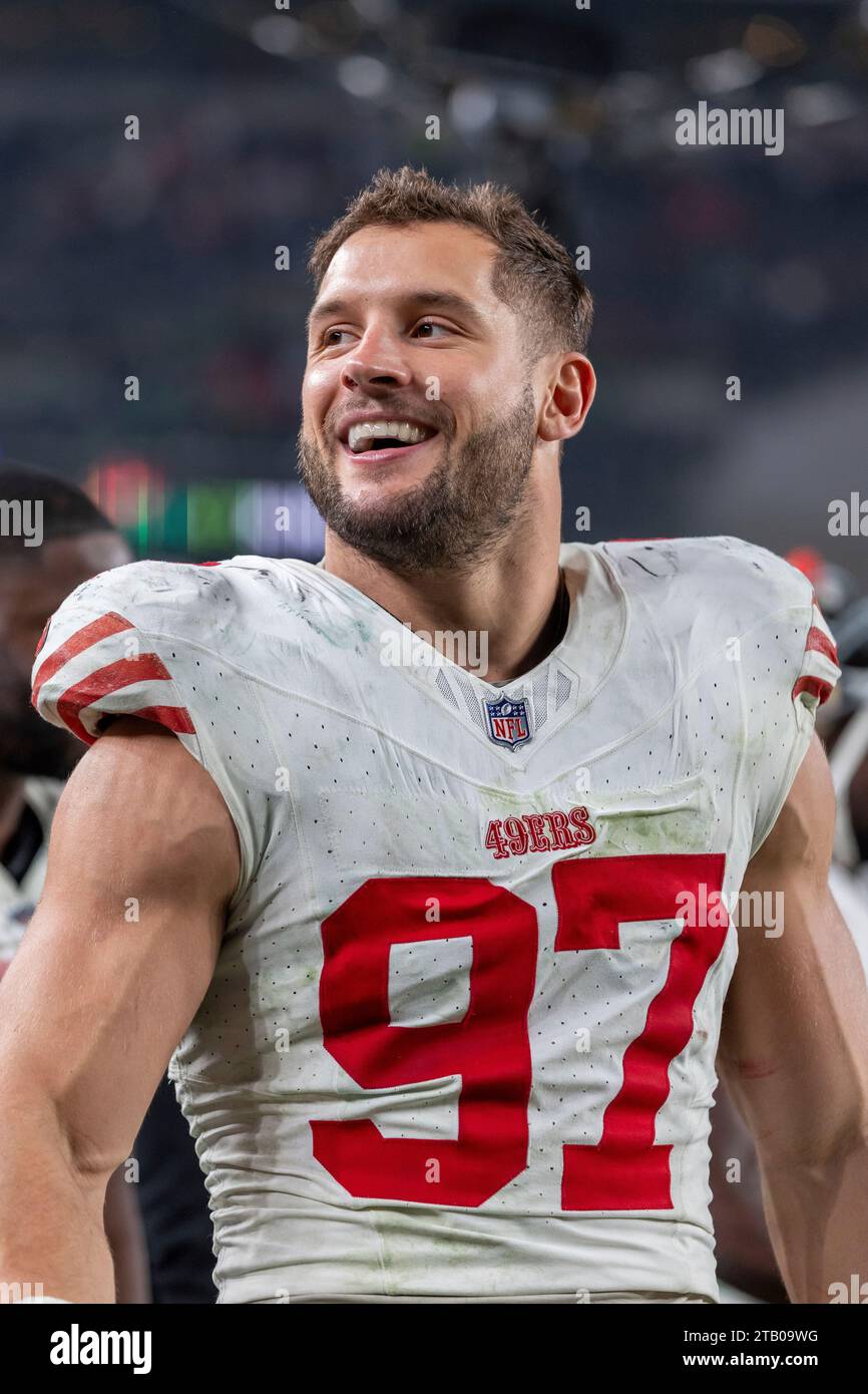San Francisco 49ers defensive lineman Nick Bosa (97) smiles against the