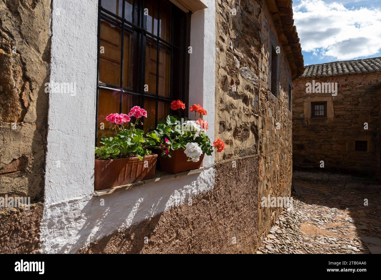 Colorful geraniums adorn a window on Calle de las Chinchillas in the Maragato village of Castrillo de los Polvazares along the Camino Frances in Leon, Stock Photo
