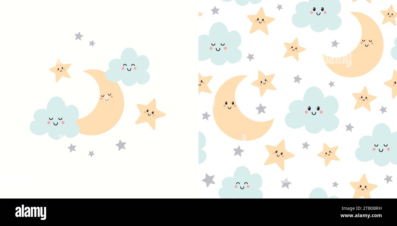 Cute sleeping moon card and seamless pattern. Background for kids with ...
