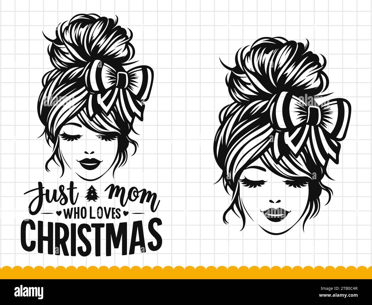 Silhouette of a mom face with messy hair in a bun and christmas quote. Vector illustration. Stock Vector