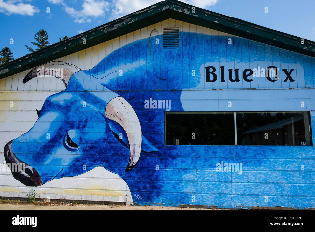 Babe the Blue Ox, depicted on a building in Michigan's Upper Peninsula, USA. Stock Photo