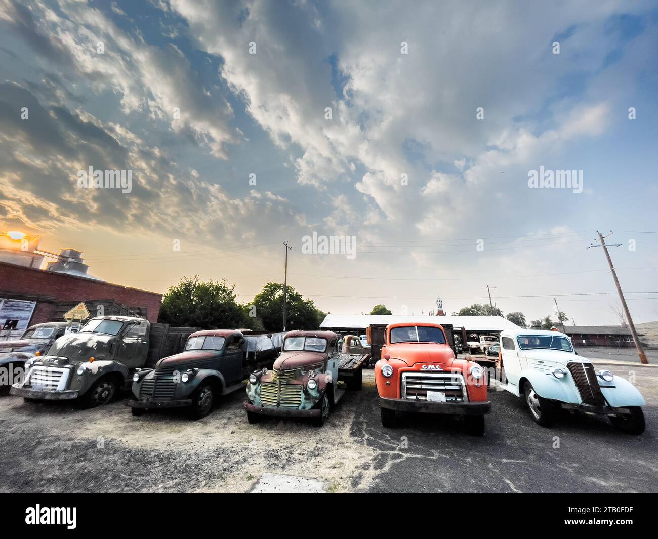 Old American trucks lined up in Sprague, Washington, USA. Stock Photo