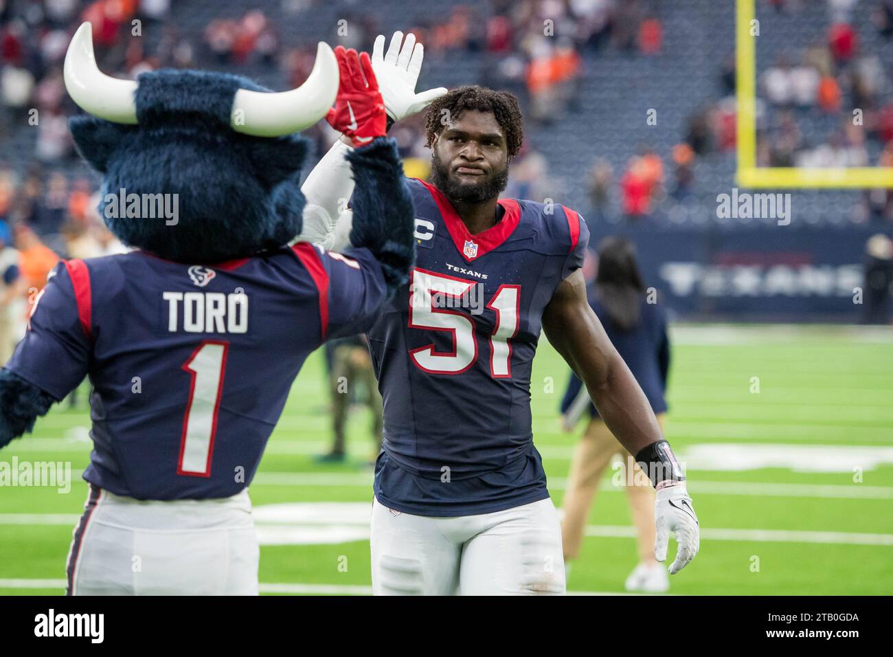 December 3, 2023: Houston Texans defensive end Will Anderson Jr. (51) high-fives Houston Texans mascot Toro after a game between the Denver Broncos and the Houston Texans in Houston, TX. Trask Smith/CSM Stock Photo