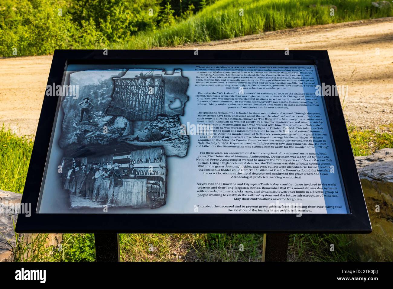 Interpretive sign about Taft, a railroad boom town, now ghost town, along the Hiawatha Scenic Bike Trail, Montana and Idaho, USA [No release; editoria Stock Photo