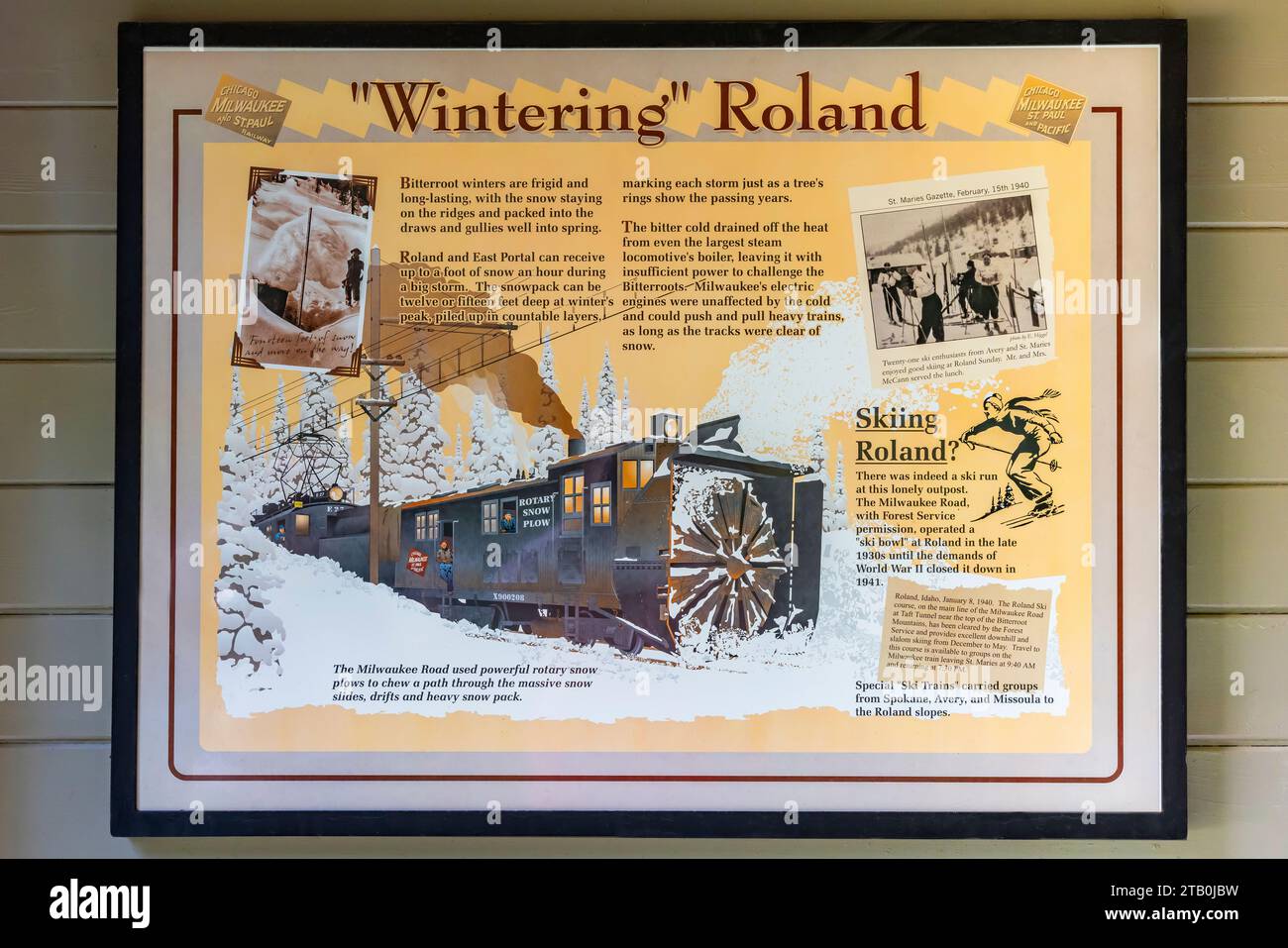 Interpretive sign about early wintering in Roland, along Hiawatha Scenic Bike Trail, Montana and Idaho, USA [No release; editorial licensing only] Stock Photo