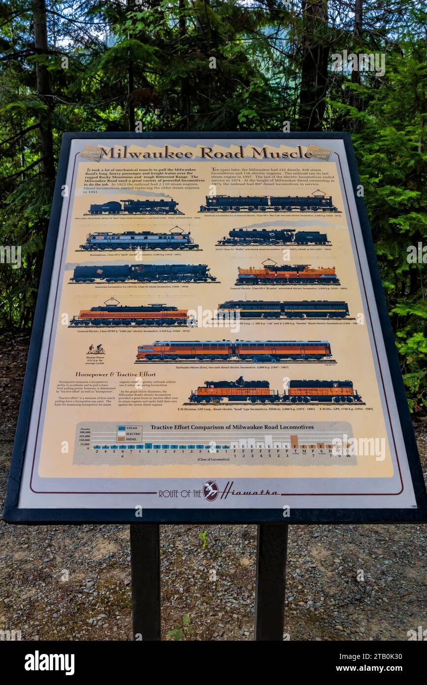 Interpretive sign about Milwaukee Road locomotives, now route of Hiawatha Scenic Bike Trail, Montana and Idaho, USA [No release; editorial licensing o Stock Photo
