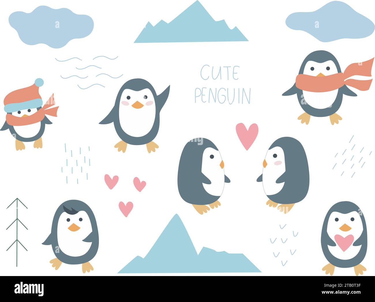 Set cute penguins in arctic clip art. Hand drawn winter character in different poses and natural elements. Baby animals collection for card and design Stock Vector