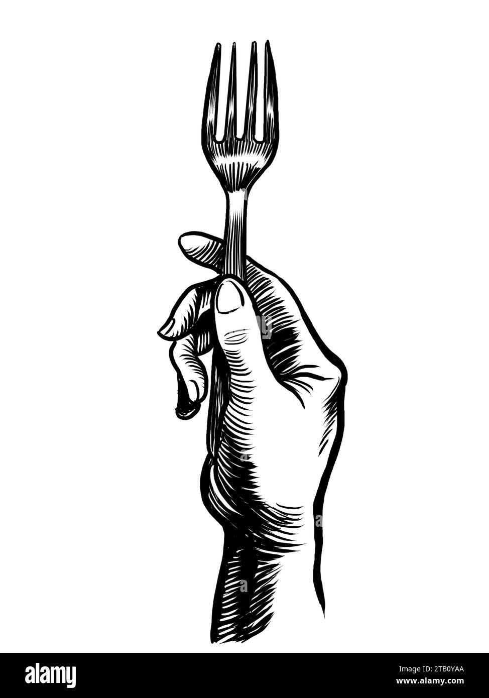 Hand with a fork. Hand-drawn black and white illustration Stock Photo