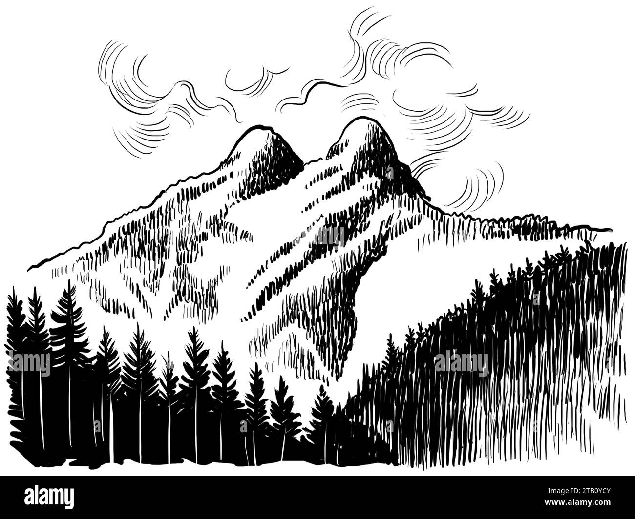 Lions mountain in British Columbia, Canada. Hand-drawn black and white illustration Stock Photo