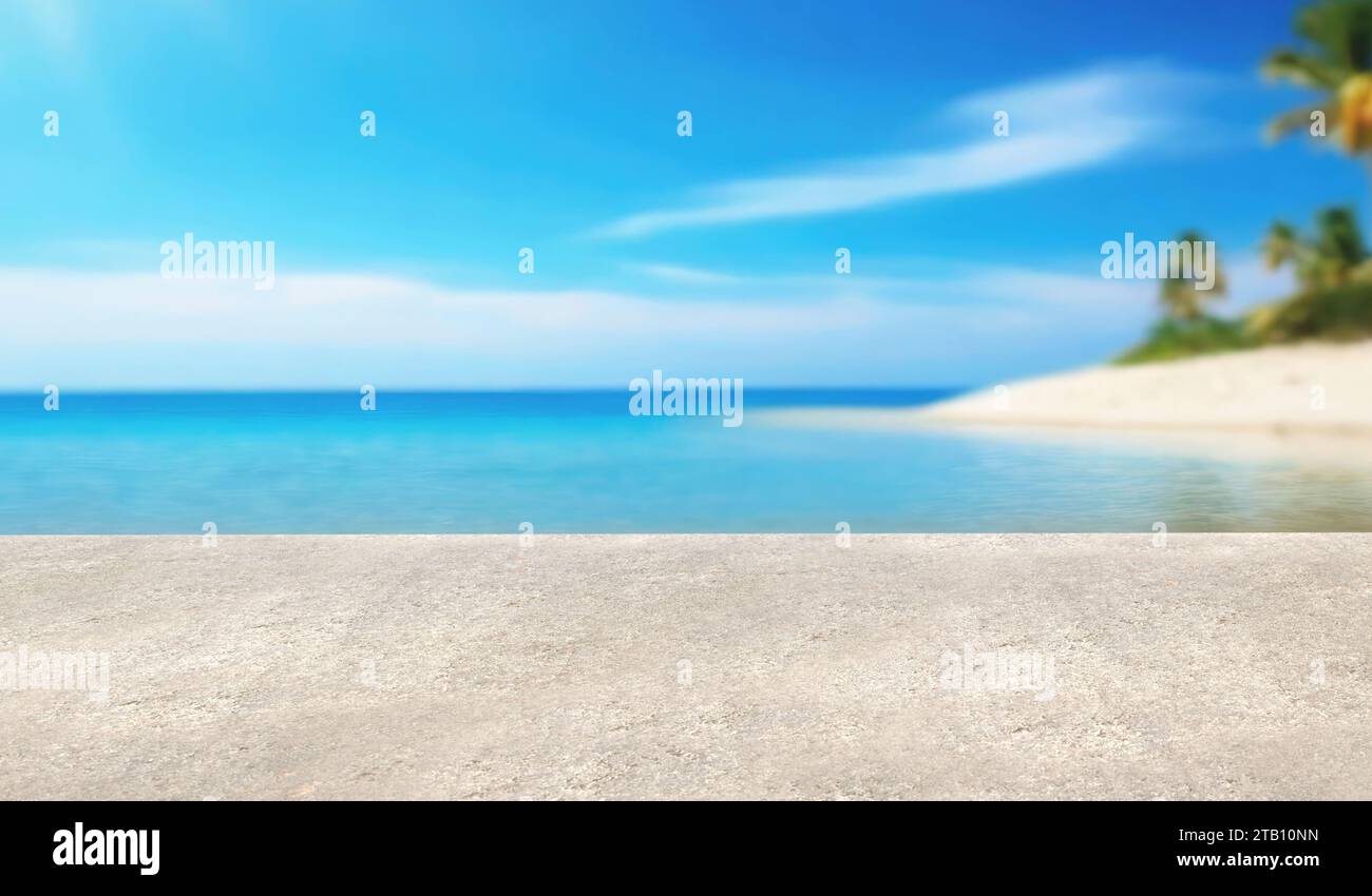 Concrete platform on blurred beach background. Mock up for product ...