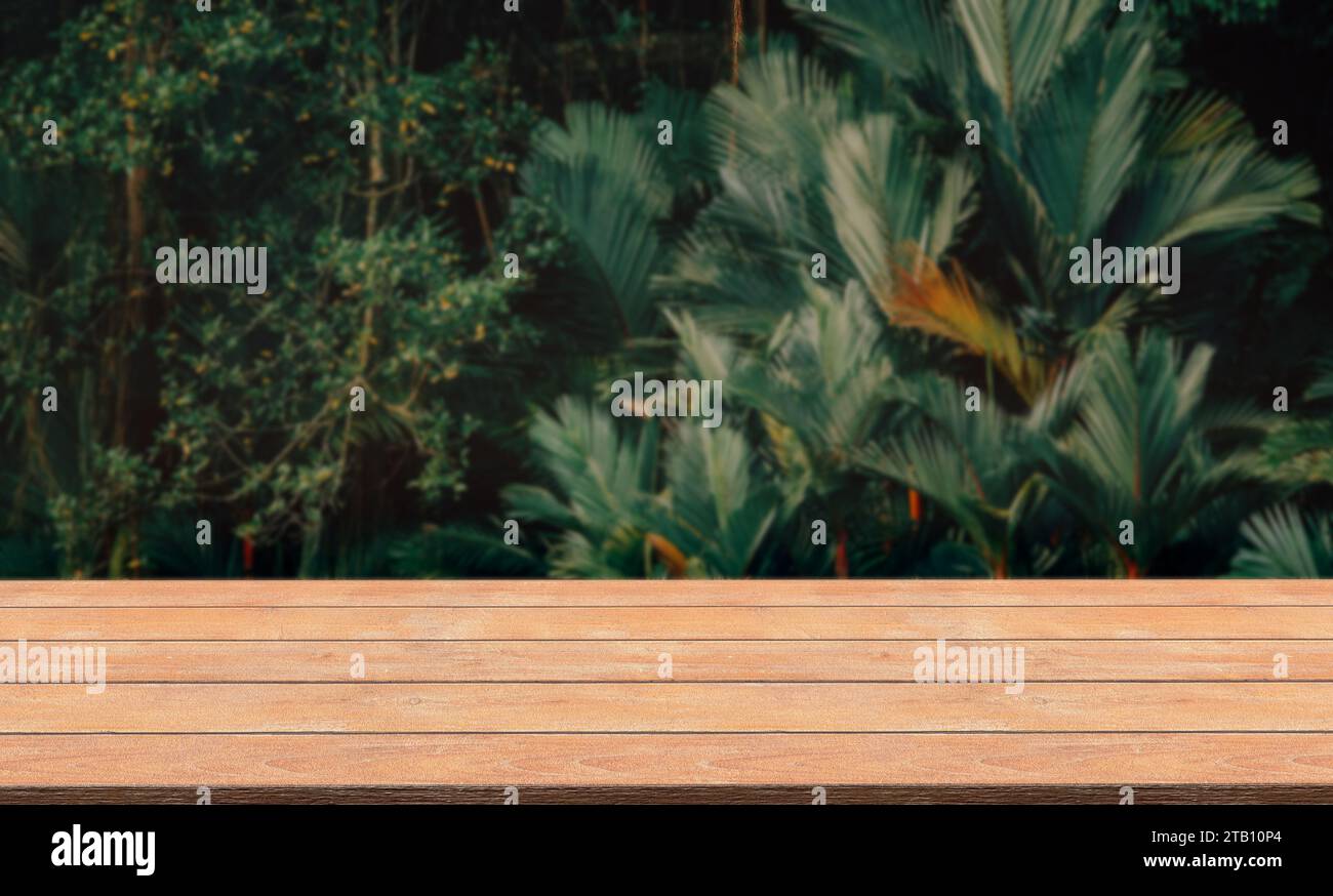 Blank or empty rustic wooden platform with forest or greenery ...