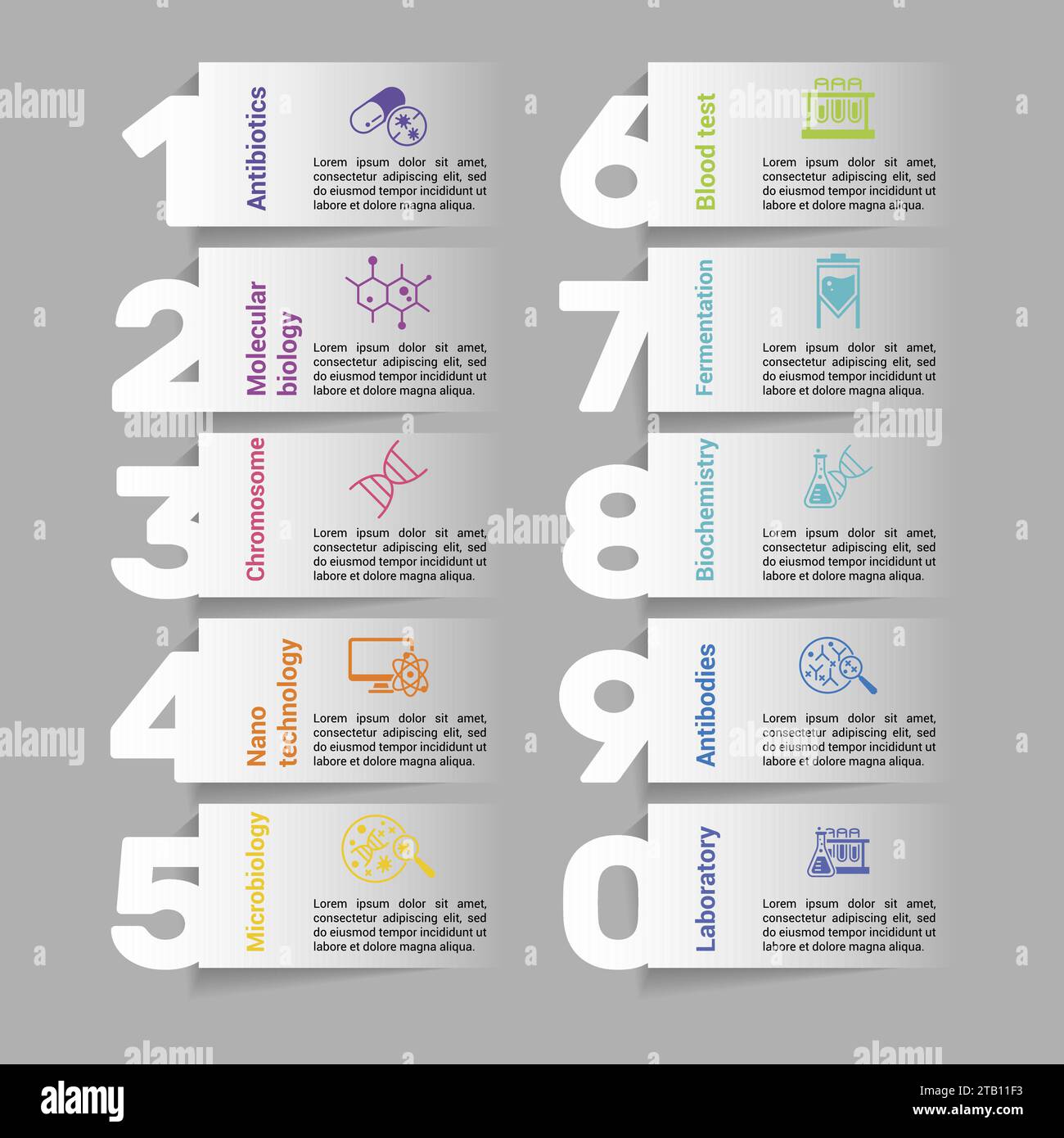 Infographics with Bioengineering theme icons, 10 steps. Such as ...