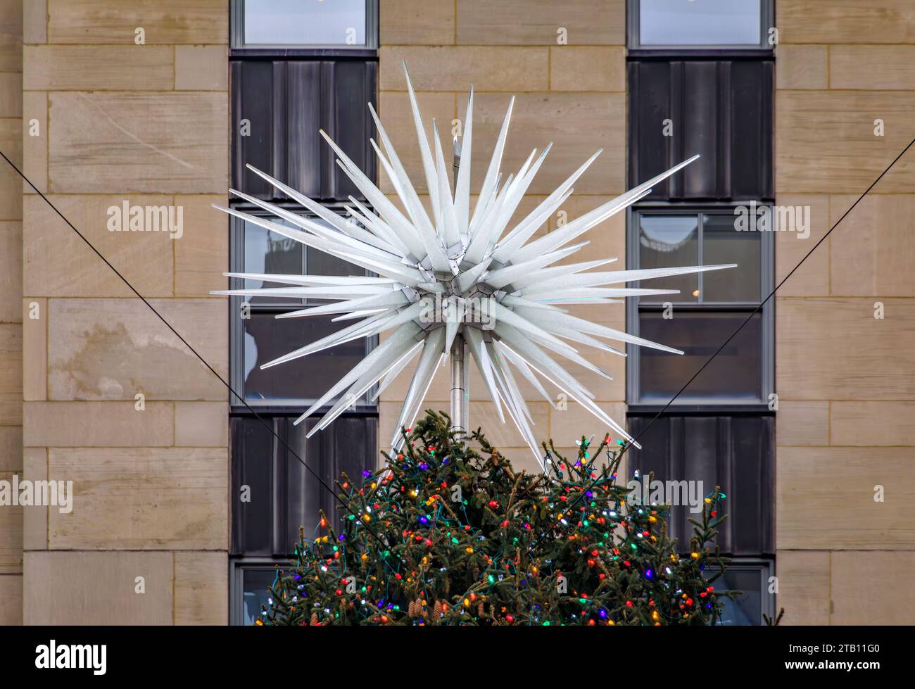 New York, USA December 01, 2023 Christmas tree topper at the famous Rockefeller Center
