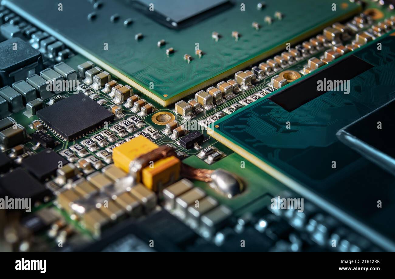 Modern electronic circuit board with processor, integrated circuits and