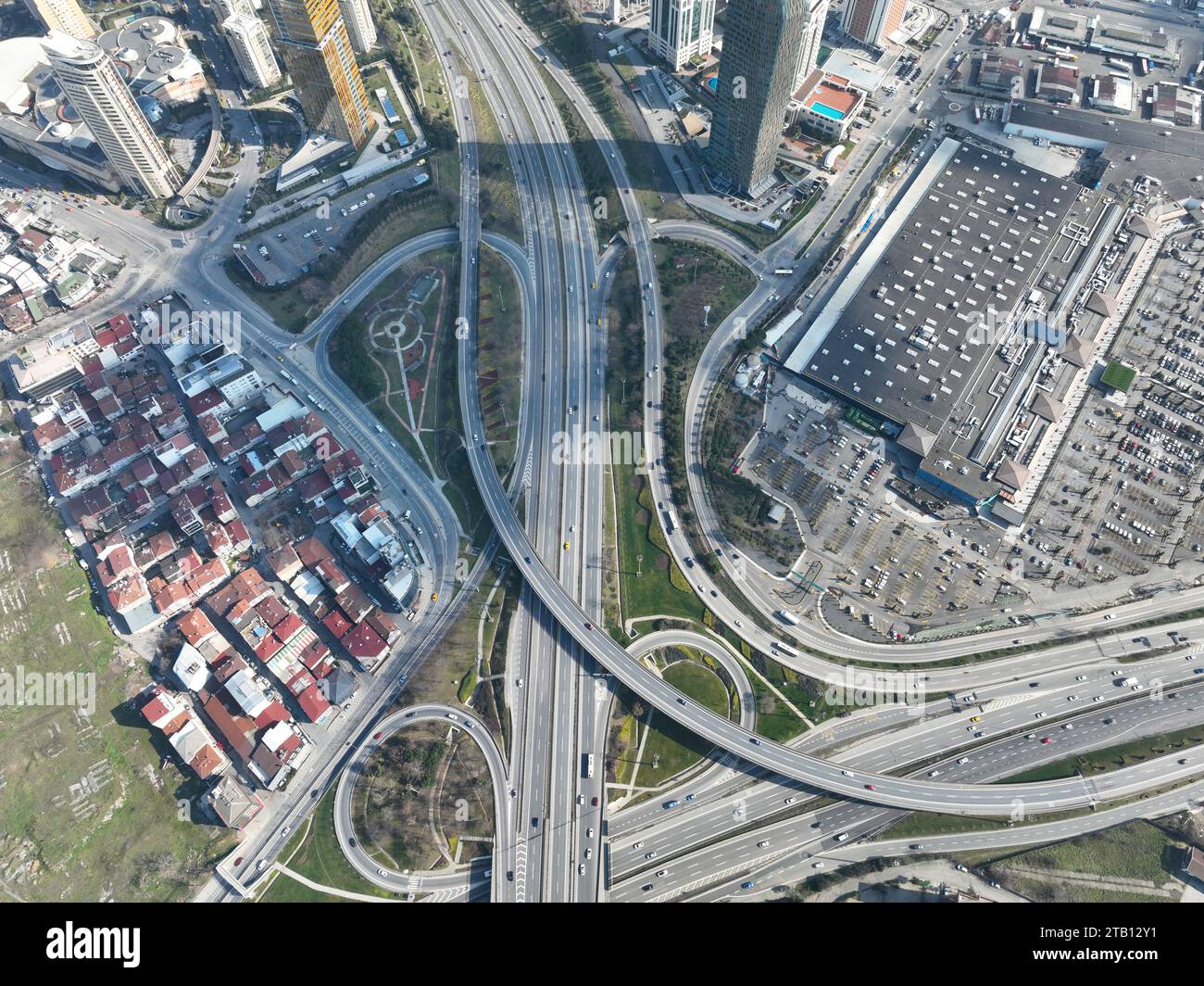 Aerial View Modern Multilevel Motorway Junction with Toll Highway, Road ...