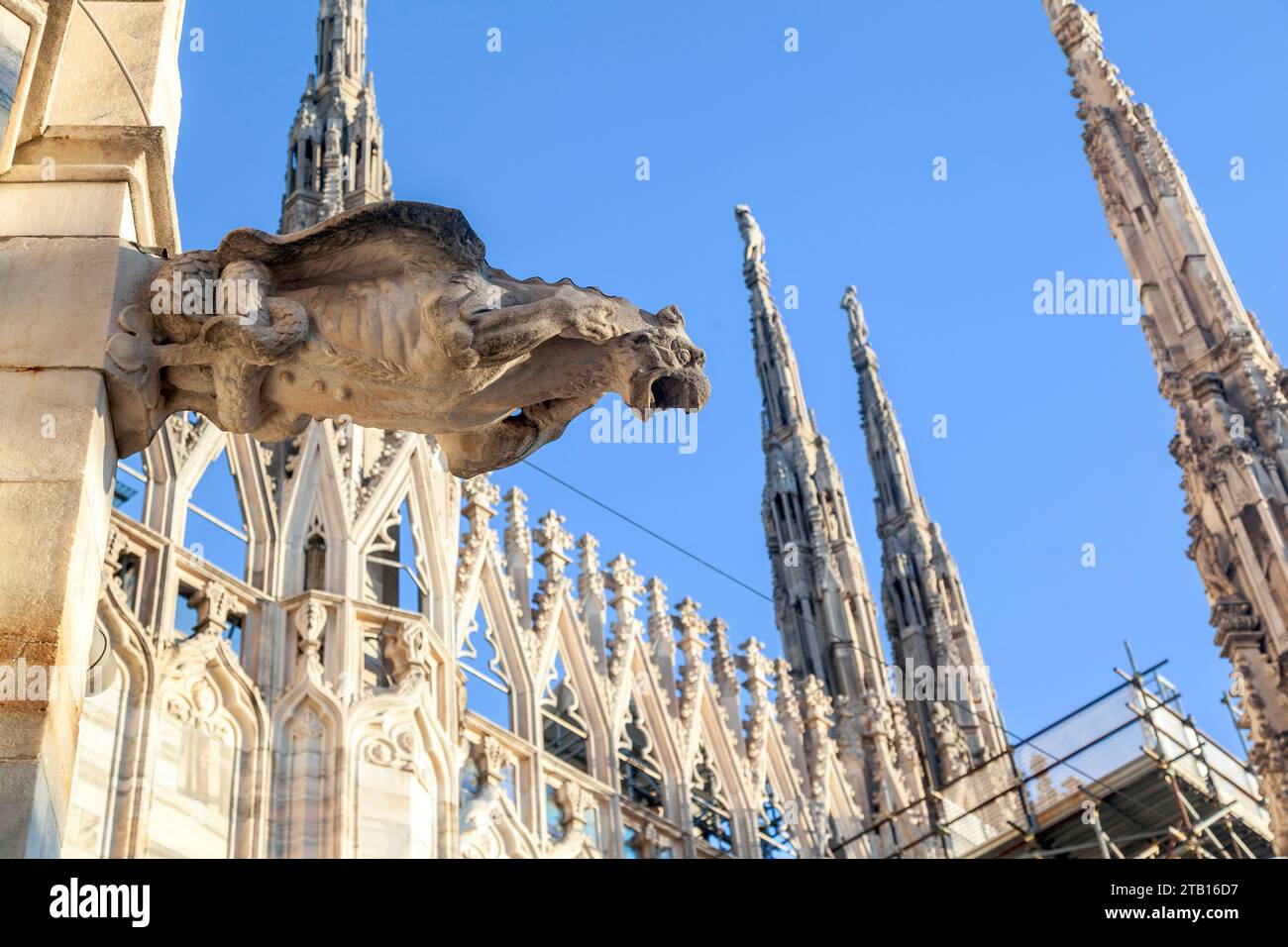 Detail from Milan Duomo rooftop, elaborate gargoyle sculpture as seen from below with the Duomo towers at the background, during afternoon light. Stock Photo