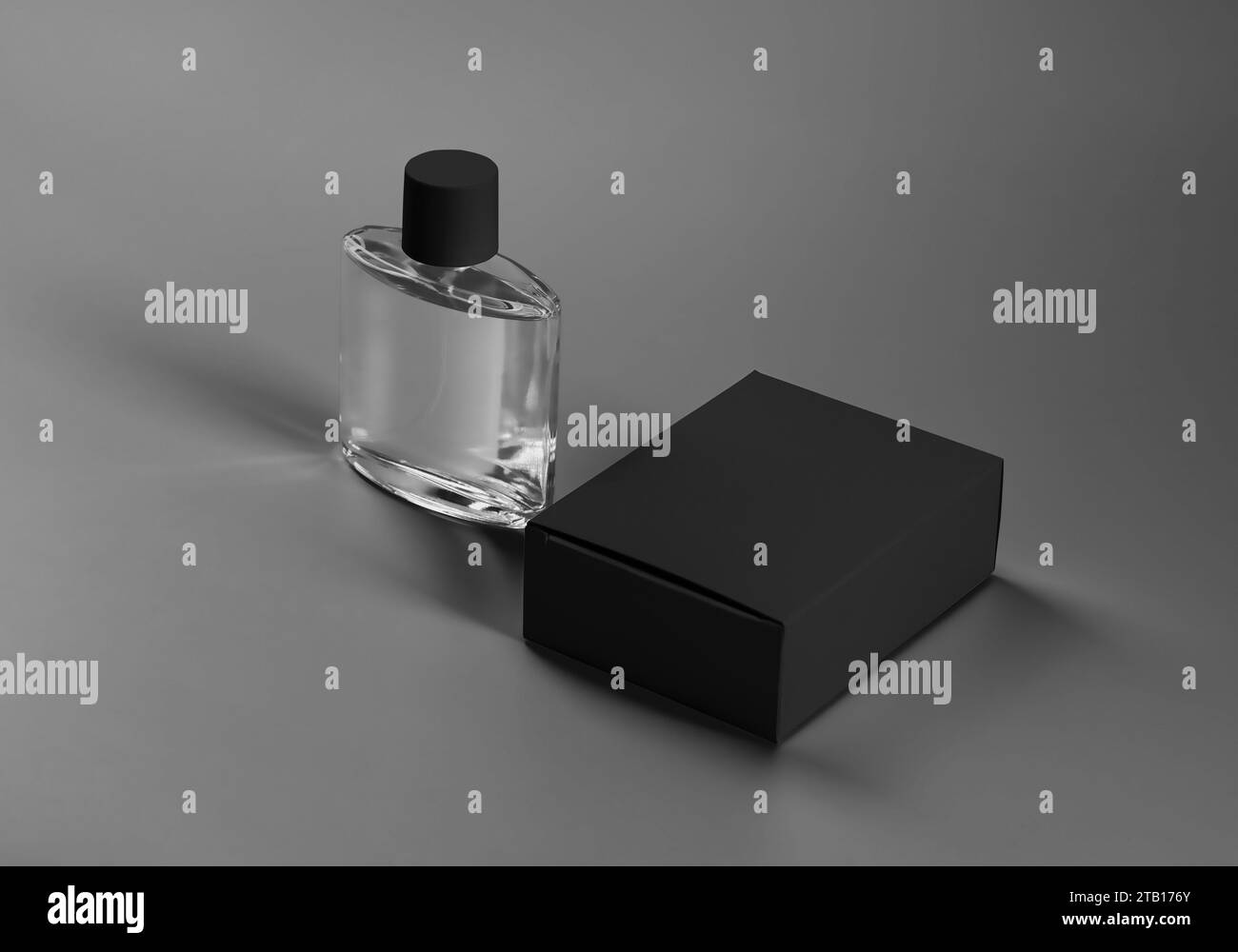 Template of closed black box and transparent glass bottle with cap, aroma liquid, label for design, branding, print. Fashionable perfume packaging moc Stock Photo