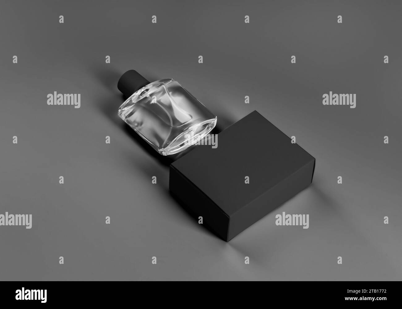 Black packaging template, transparent glass perfume vial, cap