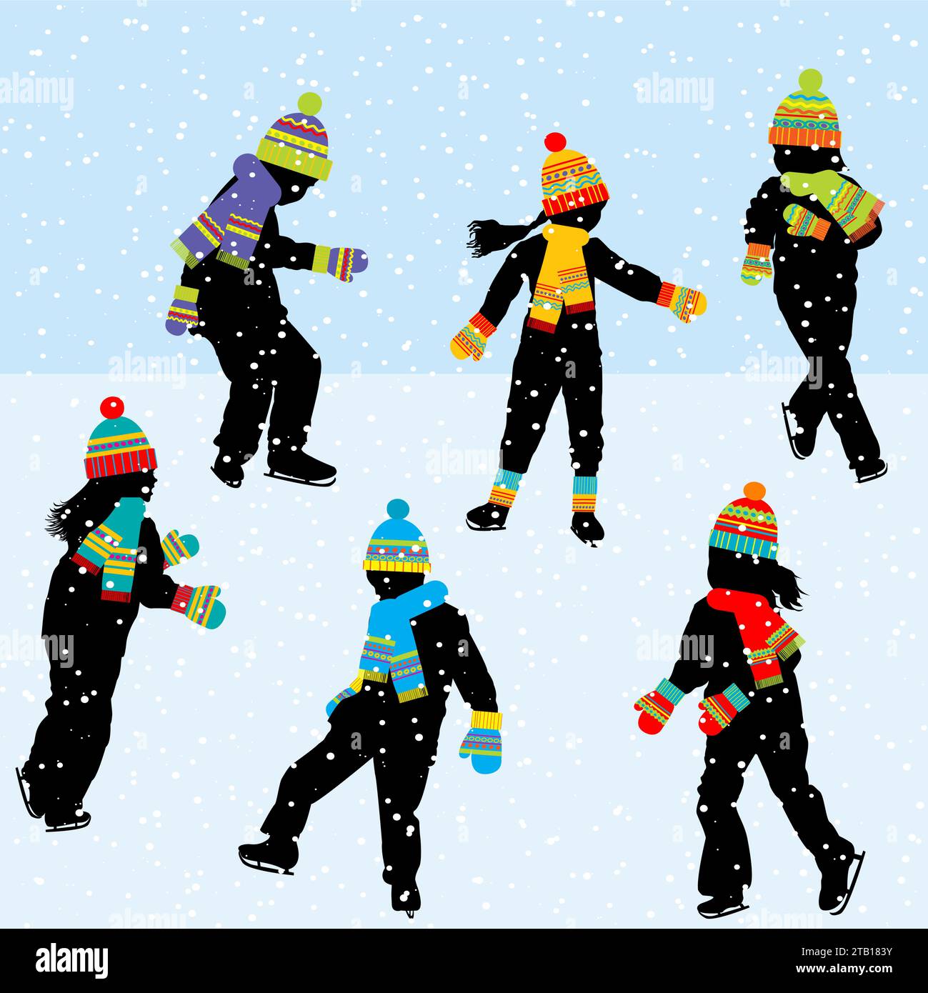 Kids ice skating silhouettes outdoor Stock Vector