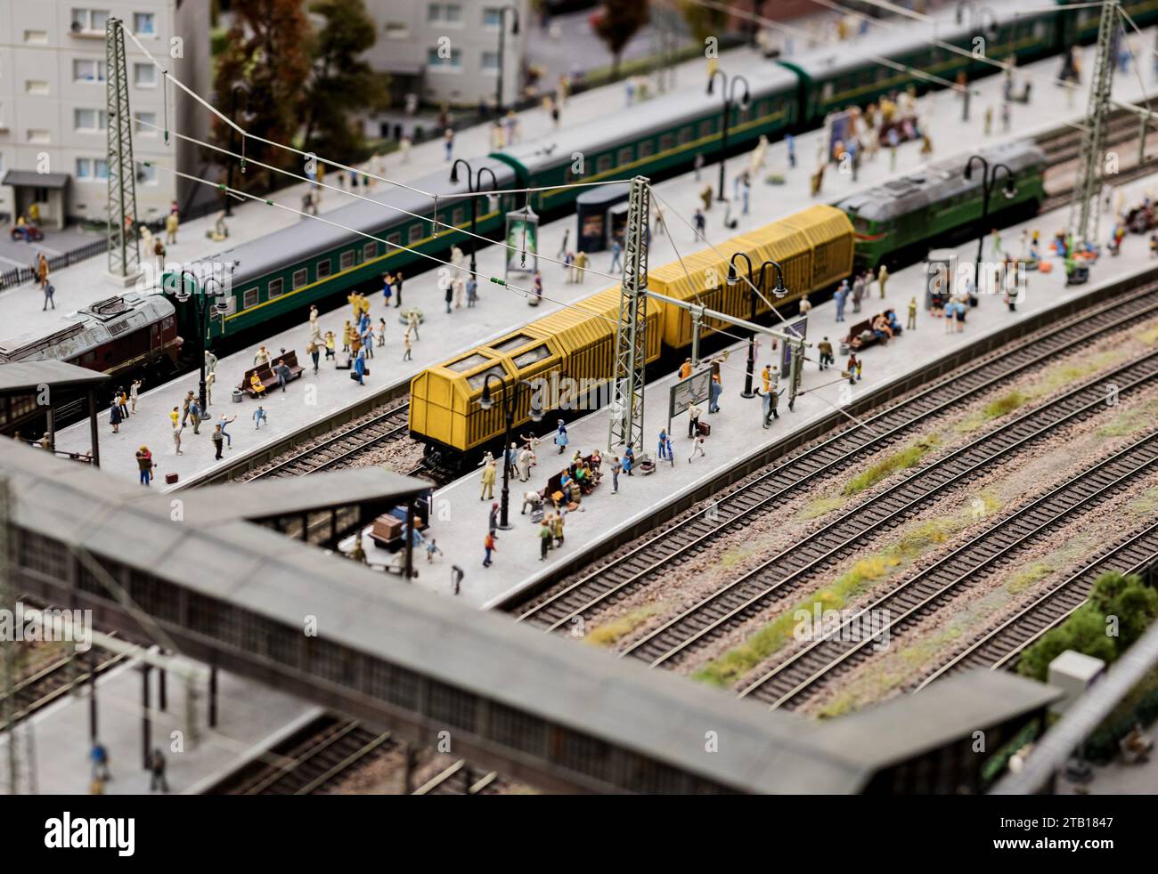 Miniature train railway model. Steam trains on miniature Stock Photo