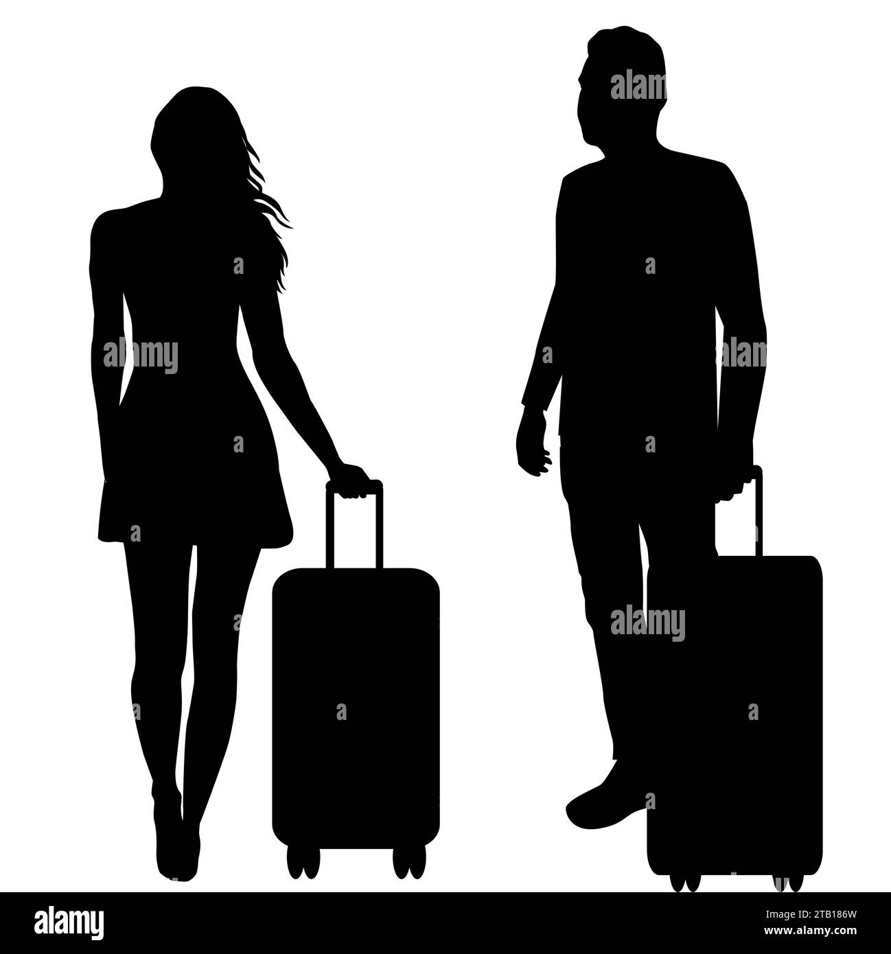 Silhouettes of a woman and a man with suitcases on wheels Stock Vector