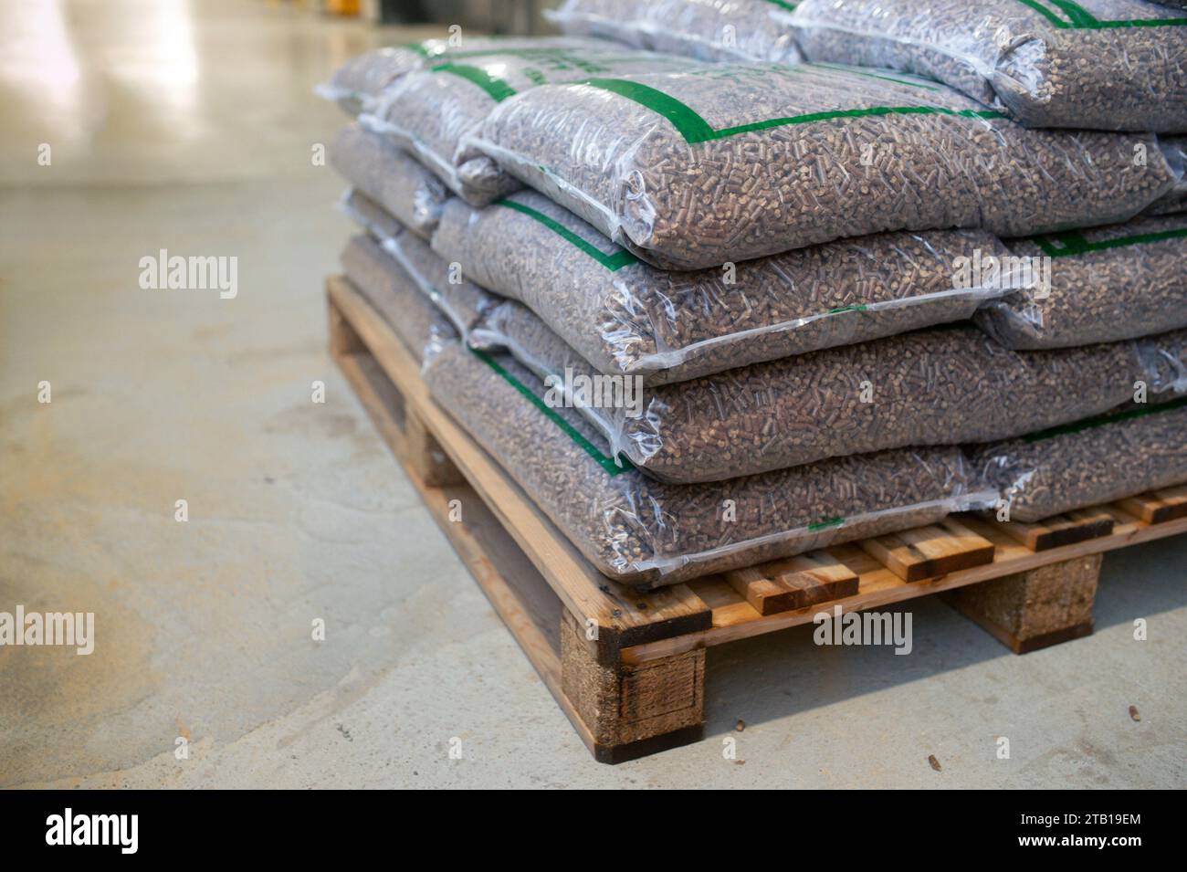 Bags with wood pellets, pellet fuels manufactured in wood pellet line