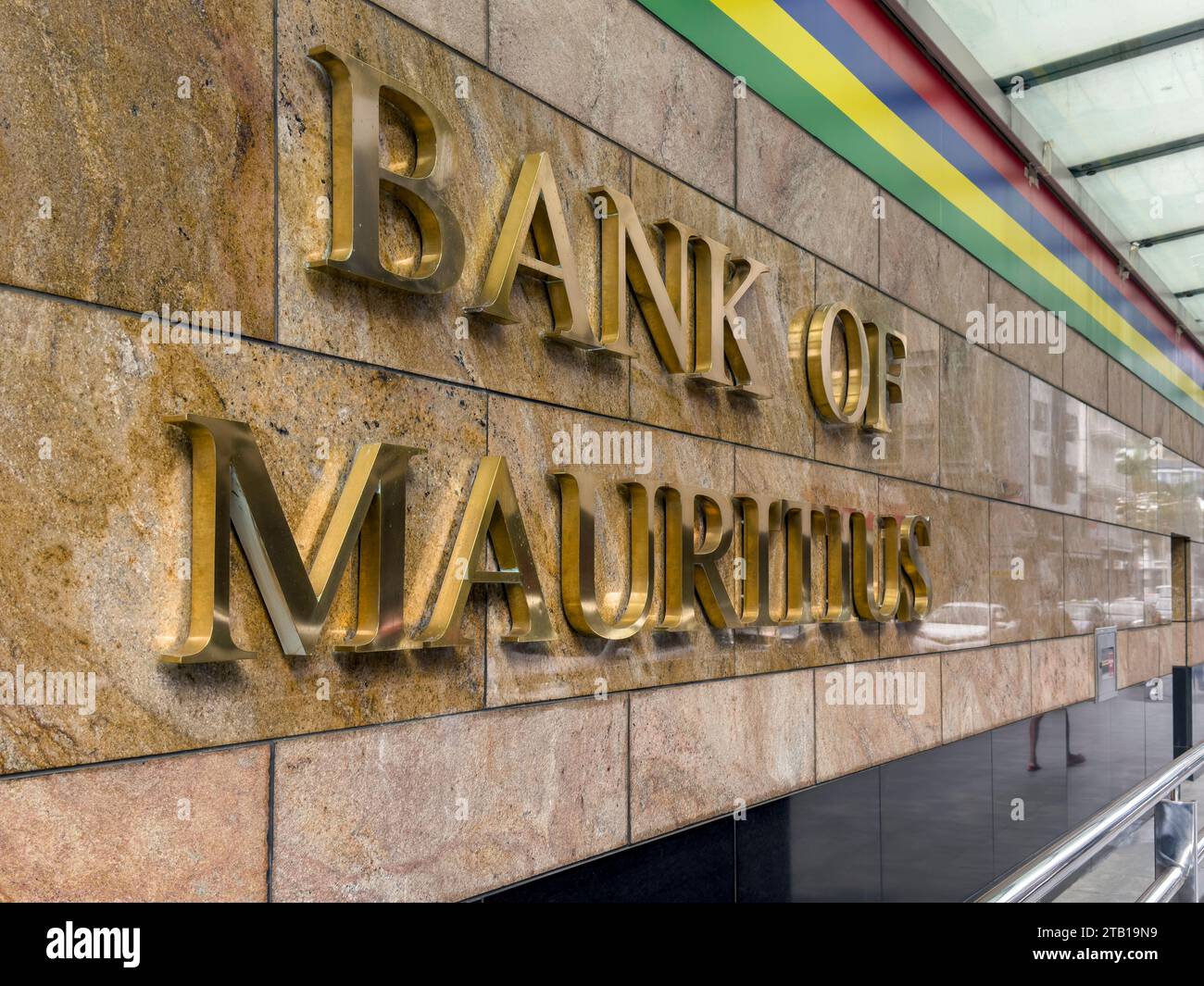 Golden letter signage at the Bank of Mauritius Stock Photo Alamy