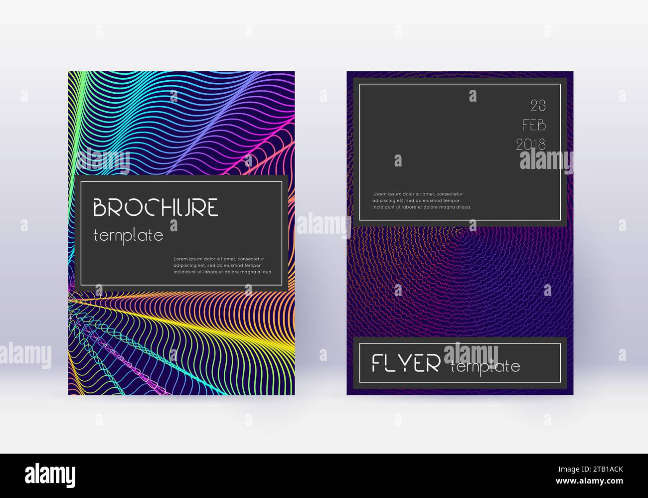 Black cover design template set. Rainbow abstract lines on dark blue ...