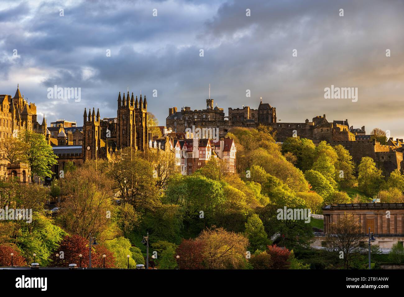 Spring in city of Edinburgh in Scotland, UK. Old Town skyline view with ...