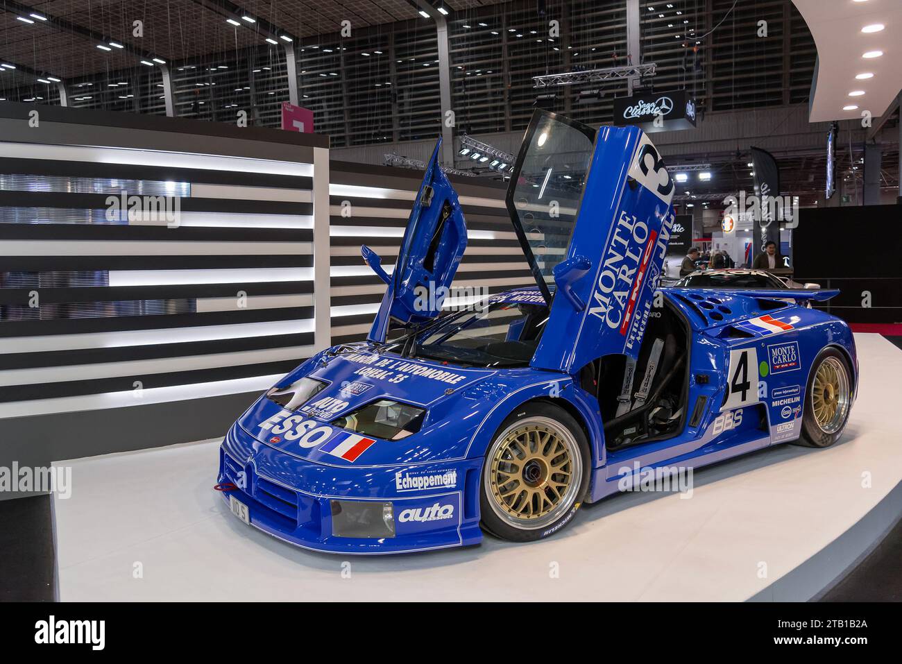 Paris, France - Rétromobile 2020. Focus on a blue 1994 Bugatti EB 110 S Le Mans. Chassis no. 39016. Stock Photo