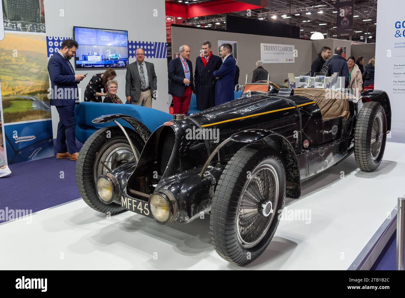 Paris, France - Rétromobile 2020. Focus on a black 1934 Bugatti Type 59 Sport. Chassis no. 57248. Stock Photo