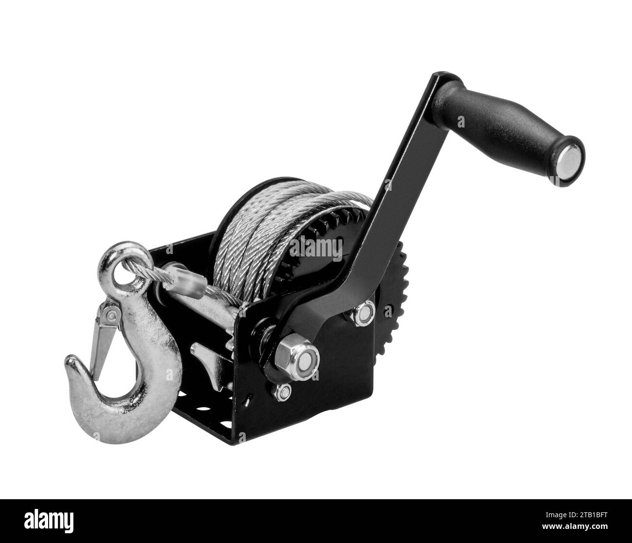 Manual cable winch with hook isolated in white back Stock Photo