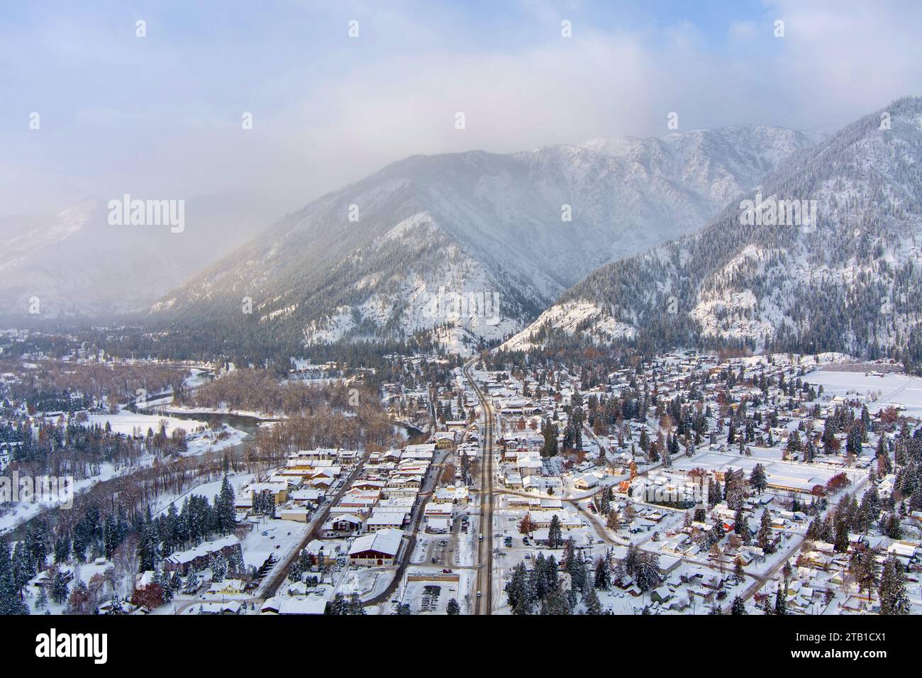 Aerial view of Leavenworth, Washington at sunrise in December Stock Photo