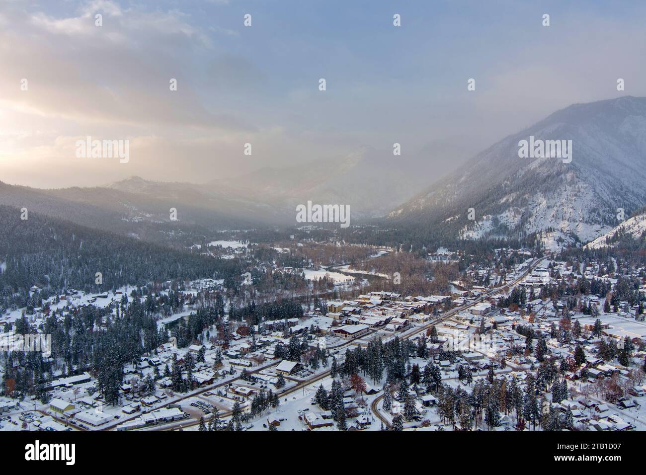 Aerial view of Leavenworth, Washington at sunrise in December Stock Photo