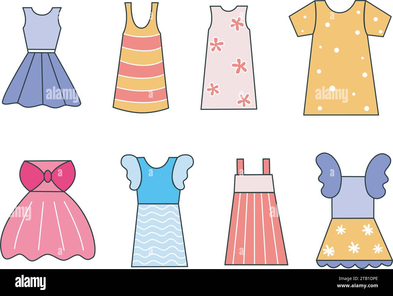 Cute dress for girls hand drawn set. Summer outfit for child clip art. Fashionable feminine clothing, isolated vector illustration Stock Vector