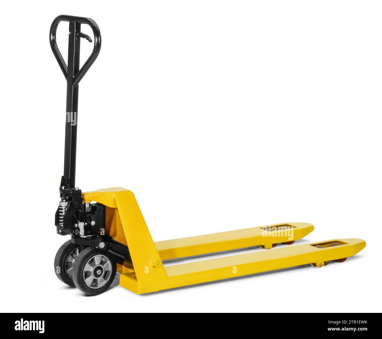 Yellow manual pallet jack isolated in white back with shadow Stock