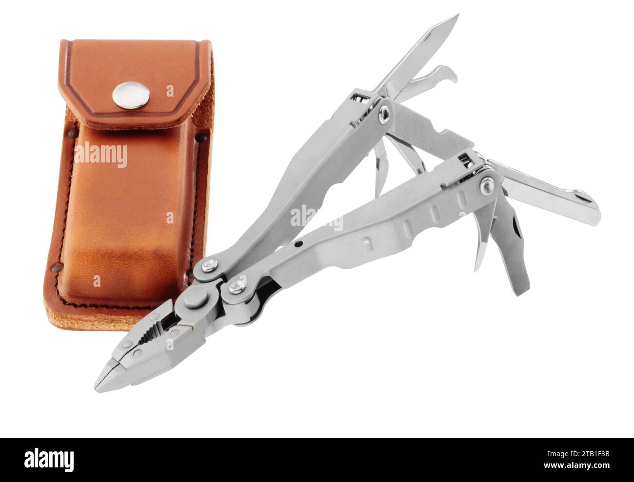 Folding multitool with leather pouch isolated in white back Stock Photo