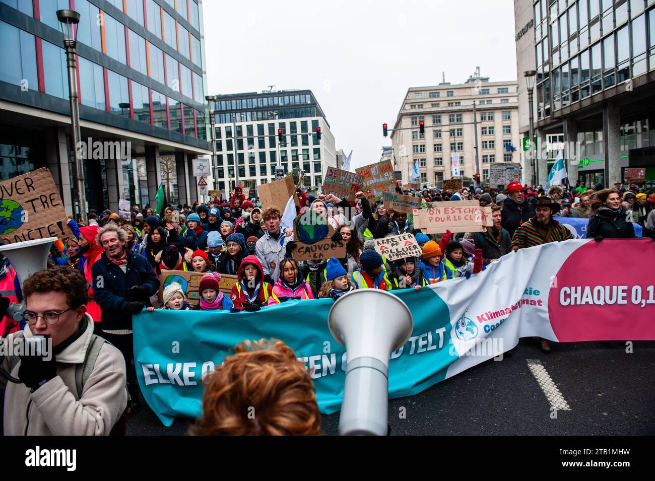 December 3rd, Brussels. Thousands of people gathered at the Brussels North station to protest against the lack of action on the climate crisis, during a march organized by The Climate Coalition (an organization that unites more than 90 organizations around the theme of climate justice). With this march, they demand that Belgium and Europe finally put themselves in working order to make the industry sustainable, improve the quality of public transport, insulate homes, and restore nature. Stock Photo