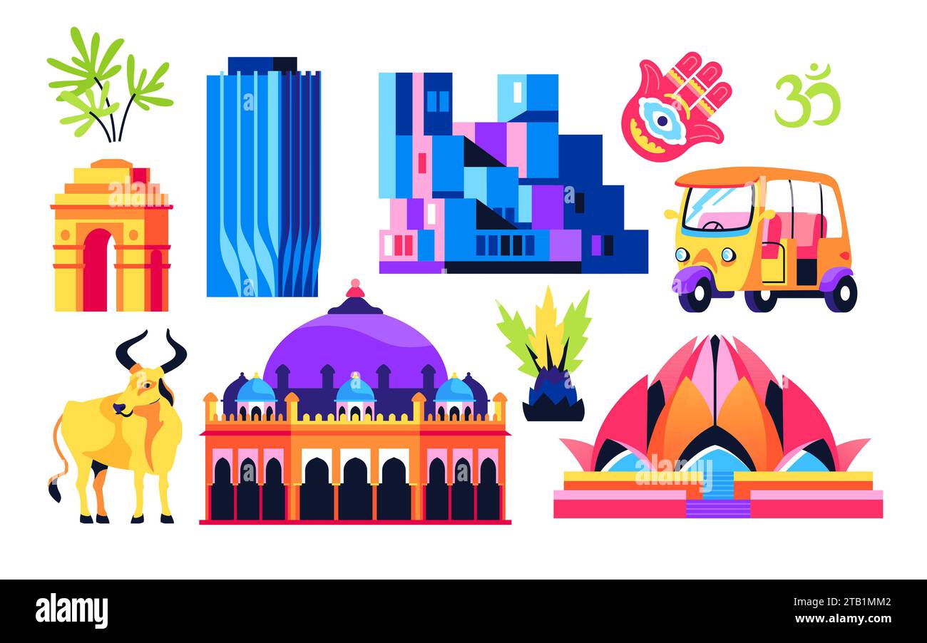 Culture and landmark of India - flat design style objects set Stock Vector