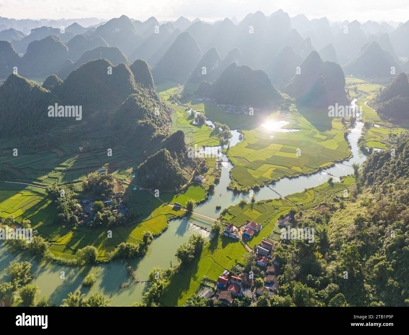 Aerial landscape in Phong Nam valley, an extreme scenery landscape at Cao bang province, Vietnam with river, nature, green rice fields. Travel and lan Stock Photo