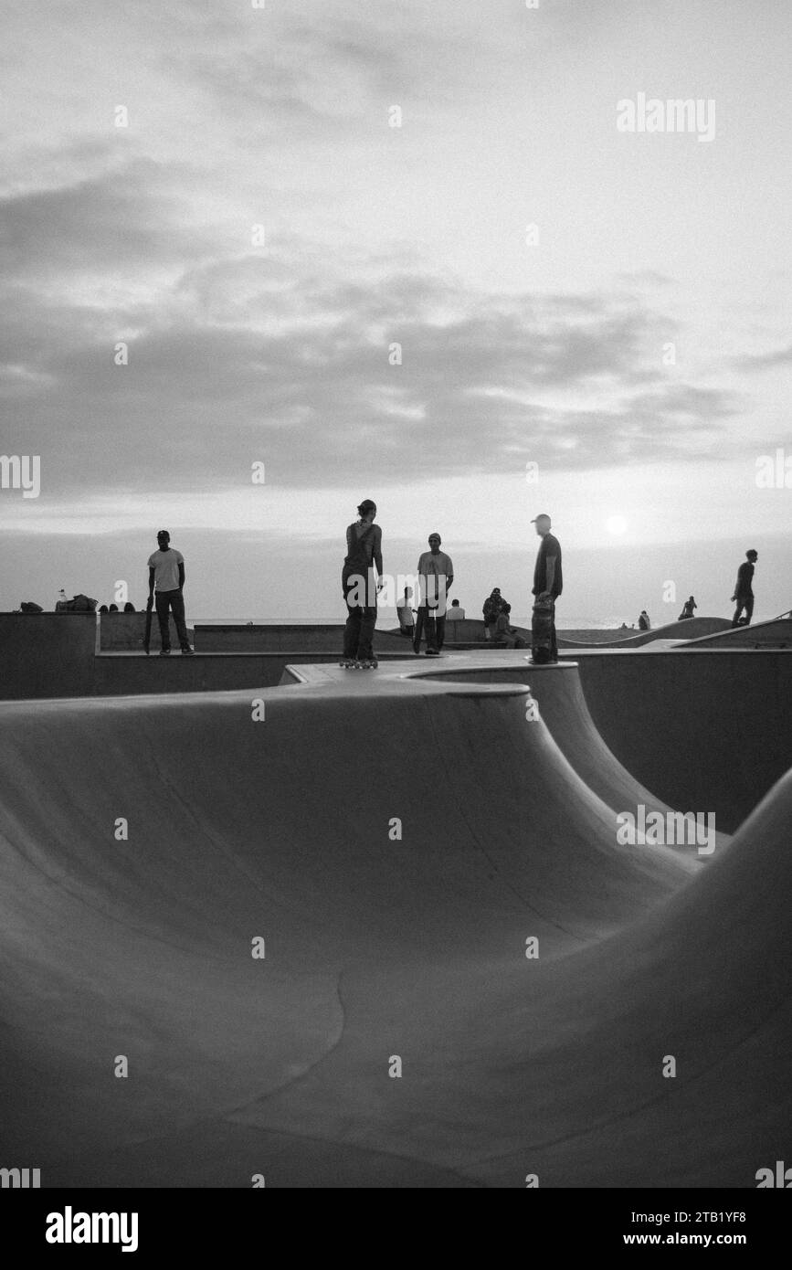 black and white photo of skaters in Venice beach Stock Photo