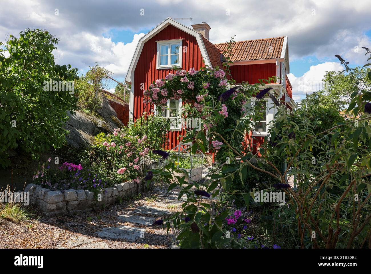 Traditional wooden Swedish houses on the island of Vaxholmen in the Stockholm archipelago. Sweden Stock Photo