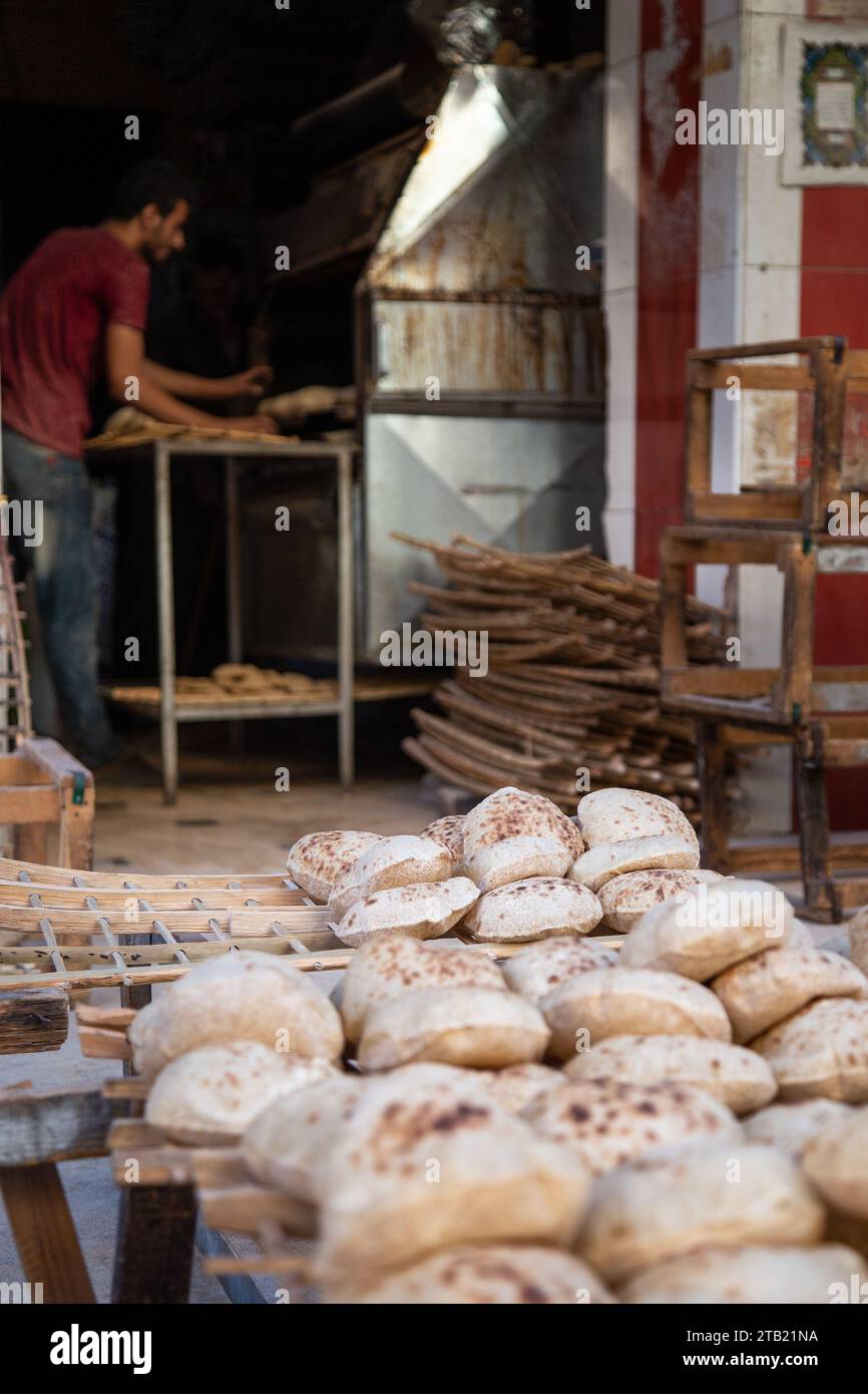 Fresh recently baked bread outside egyptian bakery Stock Photo