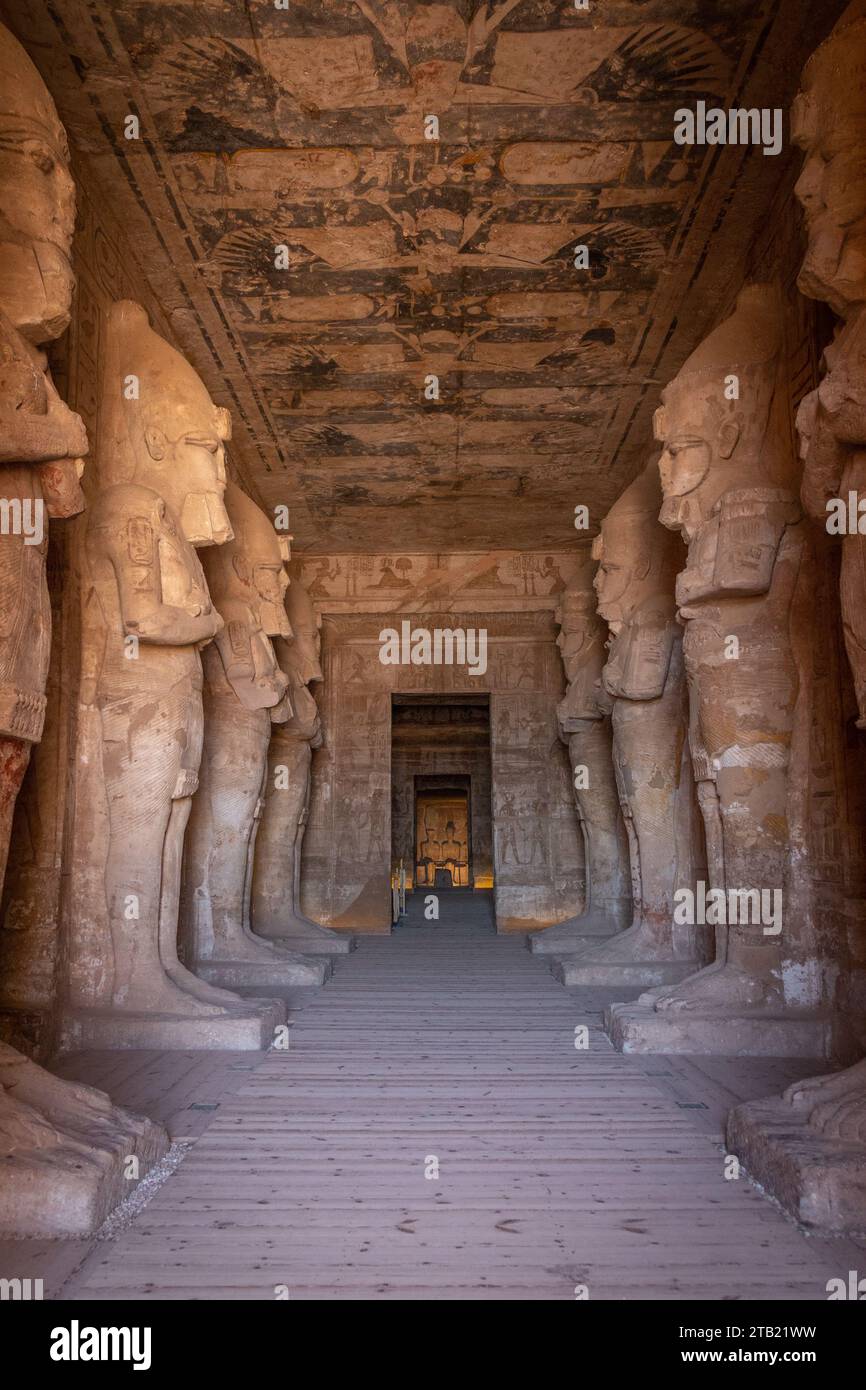 Pharaoh statues inside the Great Temple of Ramses II, Abu Simbel Stock Photo