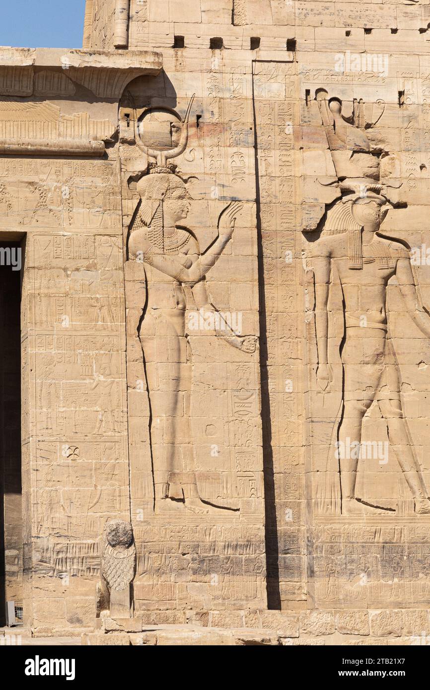 Isis and Horus hieroglyphics on tall wall of the Temple of Isis, Phila Stock Photo