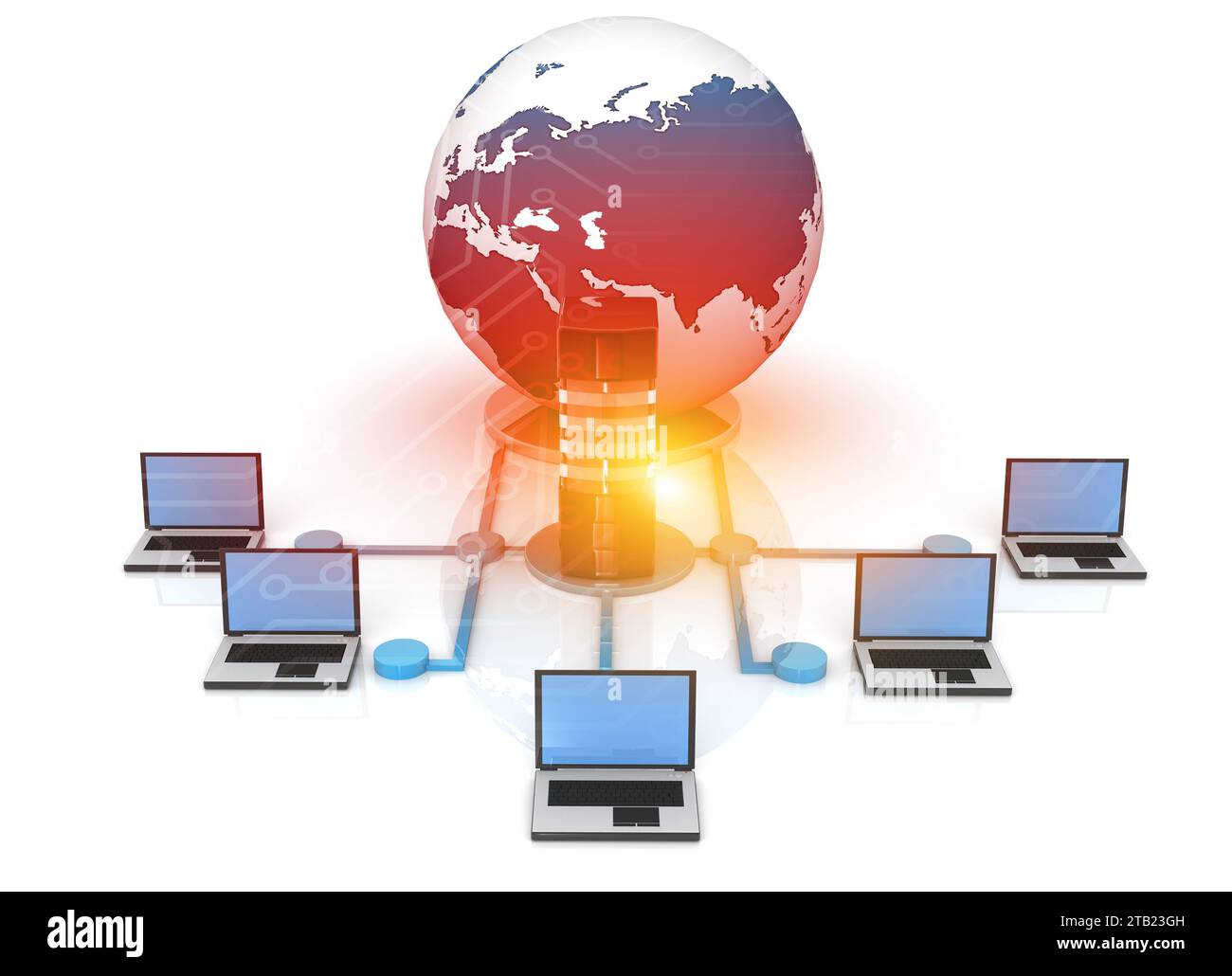 Global Computer networking. Server with laptops.  3d illustration Stock Photo