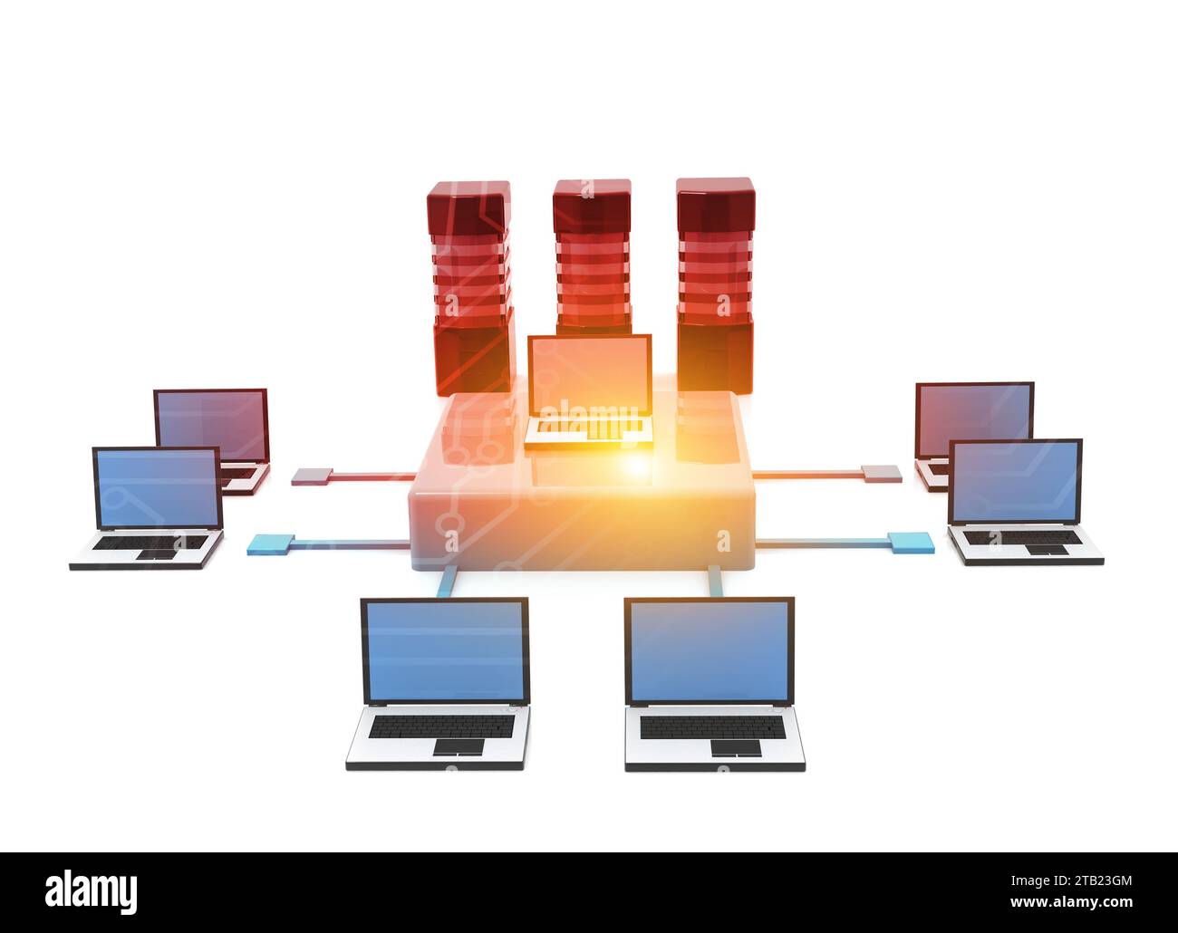Computer networking. Servers with laptop.  3d illustration Stock Photo