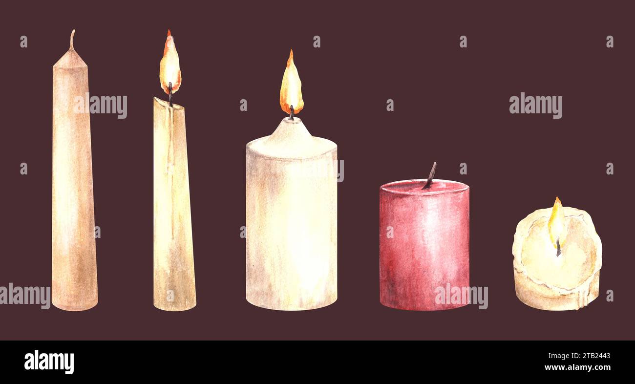Watercolor set of burning and extinguished white end red wax candles