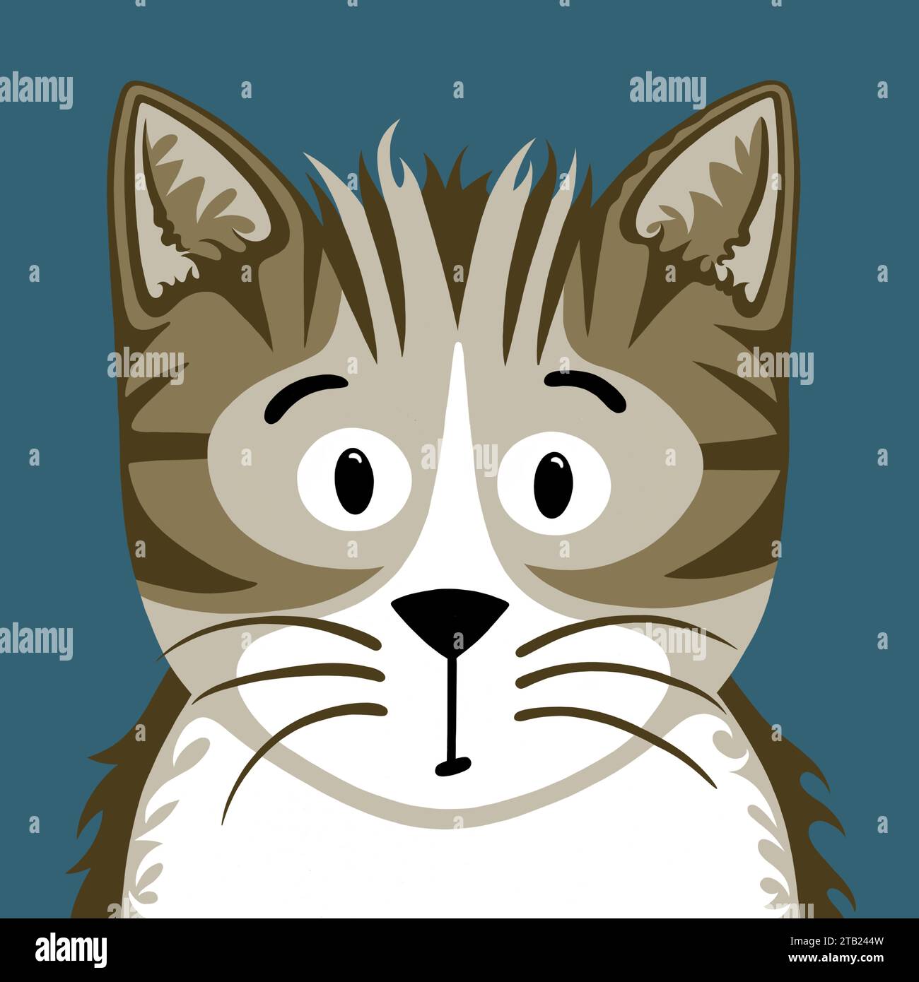 Tabby cat in a cute cartoon style. Tabby kitten portrait. Striped fur and long whiskers. Loveable cat portrait in a simple modern style. Stock Photo