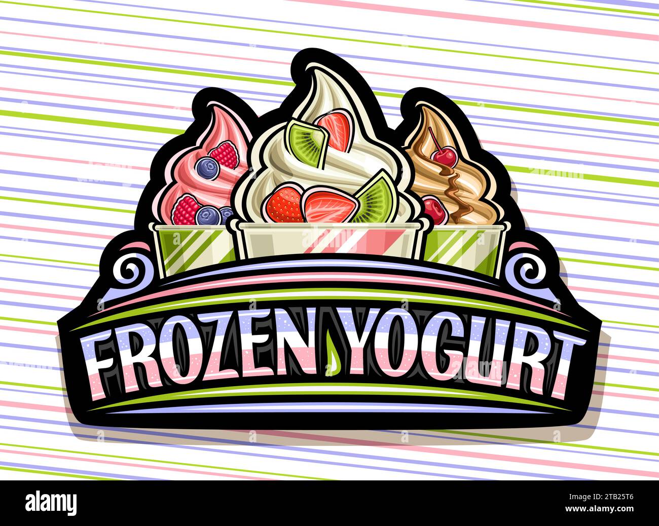 Vector logo for Frozen Yogurt, black decorative signboard with outline illustration of 3 different cool ice creams with fresh fruits in paper bowl and Stock Vector